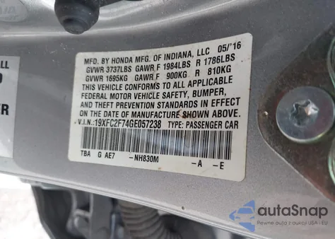 2016 Honda Civic Ex из США, поврежденный, VIN 19XFC2F74GE057238